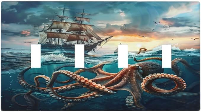 Light Switch Cover Plate Sailboat Ship Octopus Ocean Sea Waves 4 Gang Quad Toggle Decorative Switch Plates Electrical Wall Plates Faceplate for Bathroom Bedroom Decor