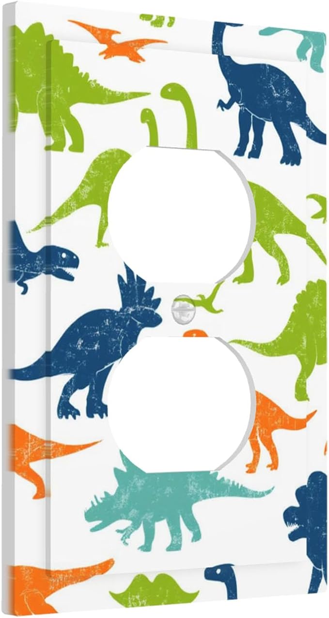 Colorful Dinosaur Duplex Wall Plate - 1-Gang Standard US Size Playful Dino Friends Outlet Covers for Teen Boys Bedroom Playroom Decor