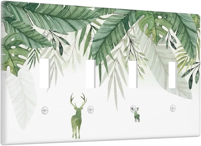 Deer Banana Leaves Palm Trees Green Plants Light Switch Covers Quad Toggle Electrical Faceplate 4 Gang Wall Plate Decorative Switch Plates for Bed Room Living Room Decor