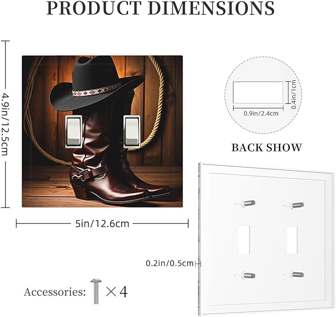 Western Cowboy Boots & Hat Double Toggle Switch Cover - 2-Gang Standard US Size Rustic Ranch Cowboy Light Switch Covers for Man Cave Bedroom Decor