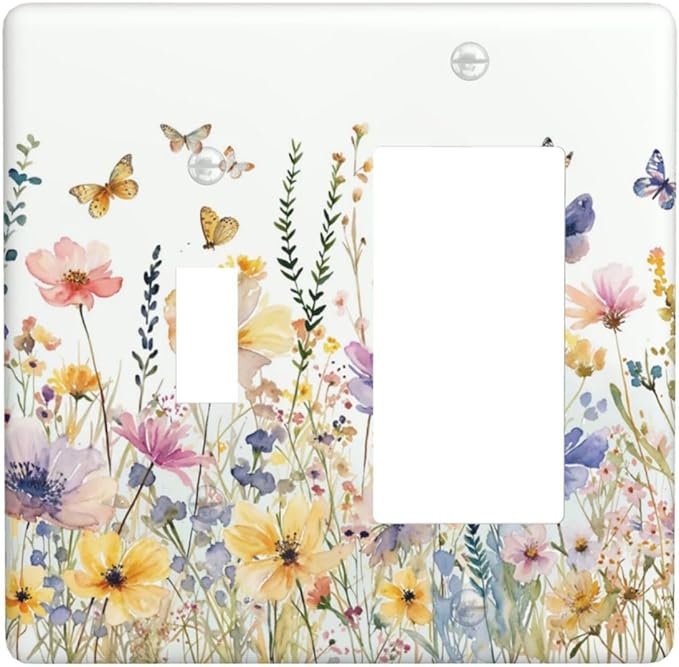 Wildflowers Colorful Flower Butterfly Floral Outlet Covers 1 Toggle 1 Rocker Combination Decorative Wall Plate Electrical Switch Plates Light Switch Cover Plate for Farmhouse Bedroom Decor