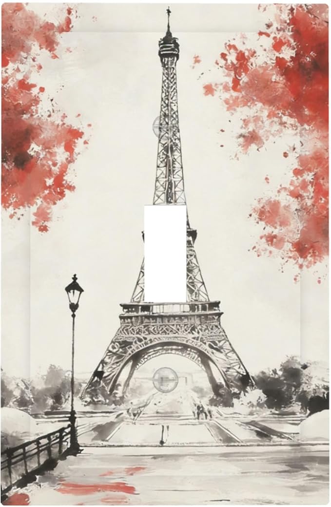 Parisian Watercolor Eiffel Tower 1-Gang Toggle Light Switch Plate, Paris Cherry Blossoms Romantic Vintage French Watercolor Decorative Wall Plate for Bedroom Decor