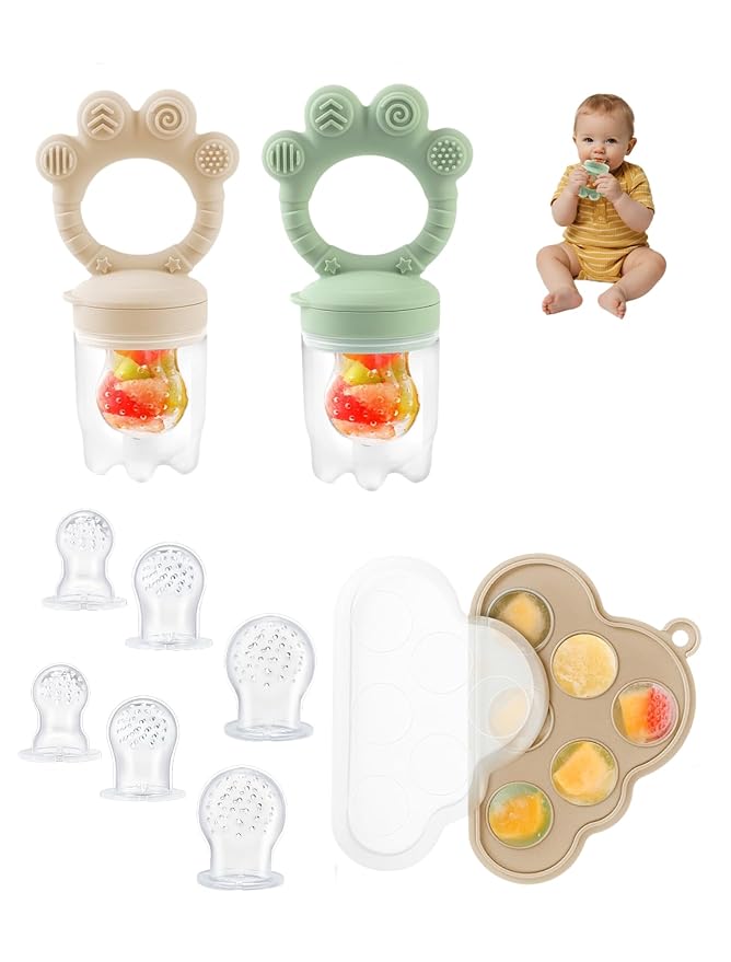 Baby Popsicle Molds & Food Feeder Set, Baby Fruit Feeder for Infant Teething Relief & Safe Infant Self Feeding 4 Months+ Starting Solids for Essentials (Green+Beige)