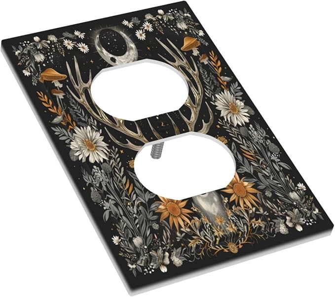 Decorative Outlet Covers Vintage Deer Flowers Moon Natural Plants Floral 1 Gang Duplex Light Switch Cover Plate Electrical Switch plates Wall Plates Receptacle Covers for Bathroom Bedroom