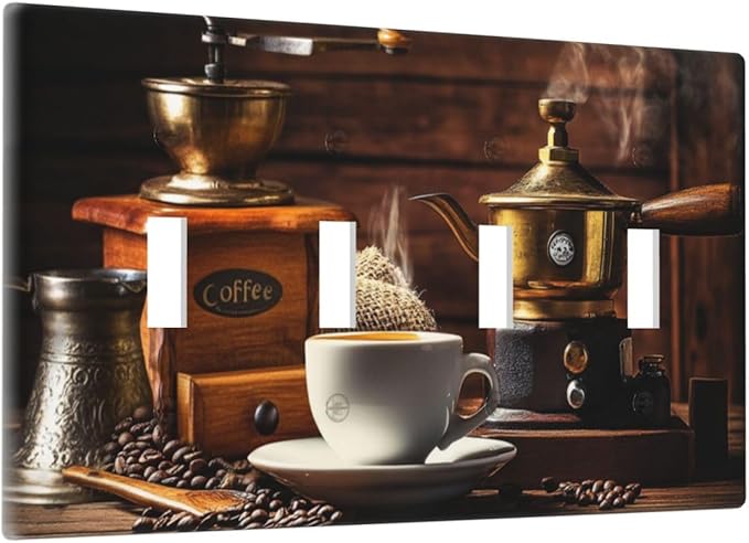 Decorative Switch Plate Cover with Vintage Coffee Retro Grinder Artwork Design 4 Gang Artistic Wall Plate Unique Quad Toggle Light Switch Covers for Rustic Kitchen Decor