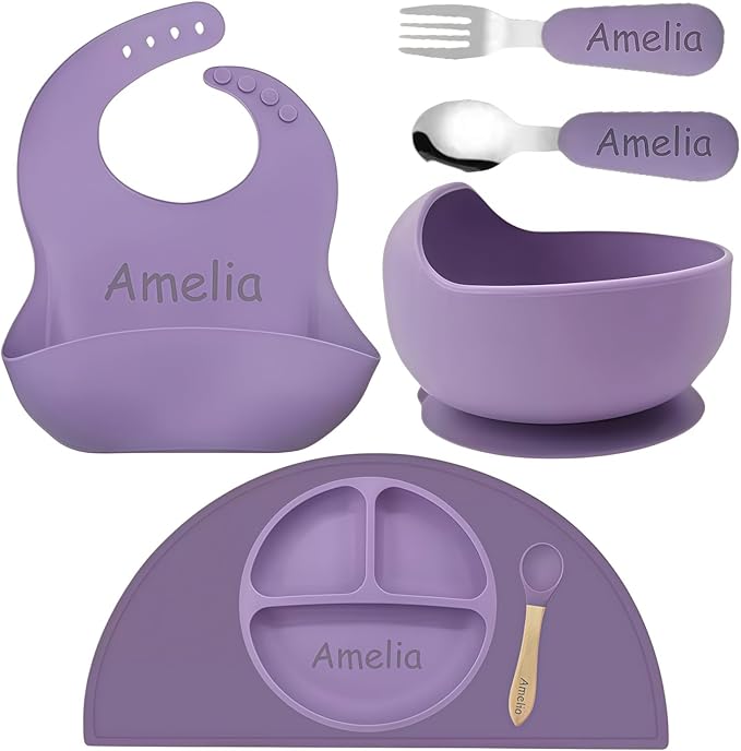 Personalized Silicone Suction Plates for Baby，Custom Toddlers Spoon and Fork, Baby Feeding Set with Name,Baby Birthday Gift for Boy & Girl (Purple placemat)