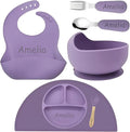 Personalized Silicone Suction Plates for Baby，Custom Toddlers Spoon and Fork, Baby Feeding Set with Name,Baby Birthday Gift for Boy & Girl (Purple placemat)