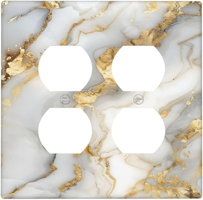 Luxurious White Gold Marble Patterns Abstract Outlet Covers 2 Gang Double Duplex Decorative Light Switch Covers Electrical Wallplates Socket Faceplate for Bathroom Kitchen Decor