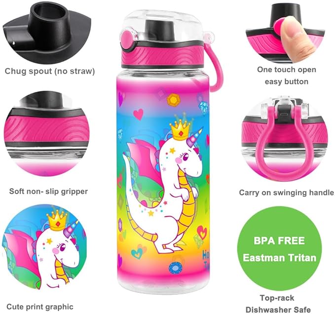 Home Tune Cute Water Bottle for School Kids Girls, BPA FREE Tritan & Leak Proof & Easy Clean & Carry Handle, 23oz/ 680ml (Dragon)