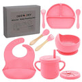 100% Silicone baby feeding set,BPA free Baby dishes set with Suction Bowl Divided Plate,Toddler Self Feeding Dish Set with Spoons Forks Sippy Cup And Bib, Baby Eating Utensils (Hot Pink)