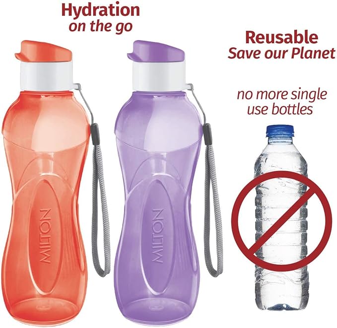 MILTON Water Bottle Kids Reusable Leakproof 17 Oz 4-Pack Plastic Wide Mouth Large Big Drink Bottle BPA & Leak Free with Handle Strap Carrier for Cycling Camping Hiking Gym Yoga