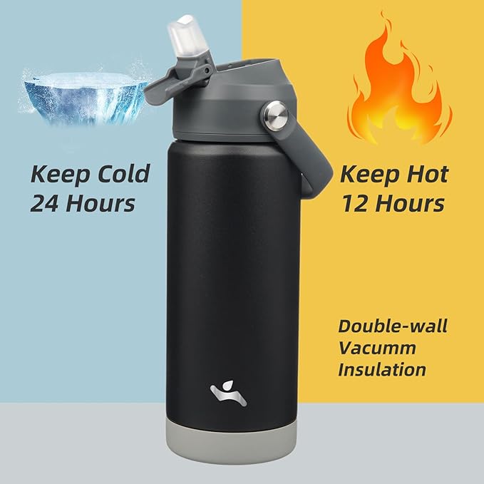 Konokyo Insulated Water Bottle with Straw Lid,18 oz Stainless Steel Vacuum Metal Bottle with Silicone Handle,Black
