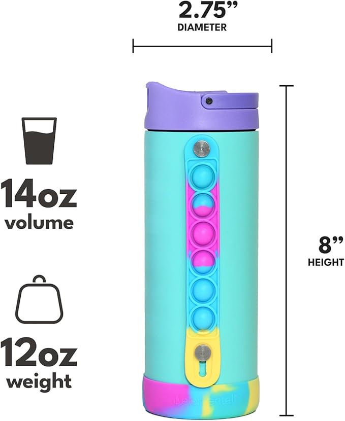 Elemental Iconic Kids Water Bottle with Straw Lid & Stress Relief Pop It Handle, Leak-Proof When Closed, Triple Insulated Kids Stainless Steel Water Bottle For Girls and Boys, 14oz - Blue Tie Dye