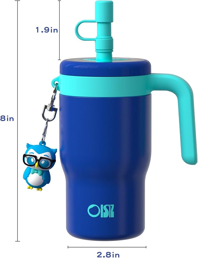 OISIZ 14oz Kids Tumbler with Straw Lid & Handle,Kids Cup with Animal Accessory for School,Kids Water Bottles with Dust-proof Cover,Leakproof Water Bottles,316 Stainless Steel,Keep Cold 24 Hours-blue