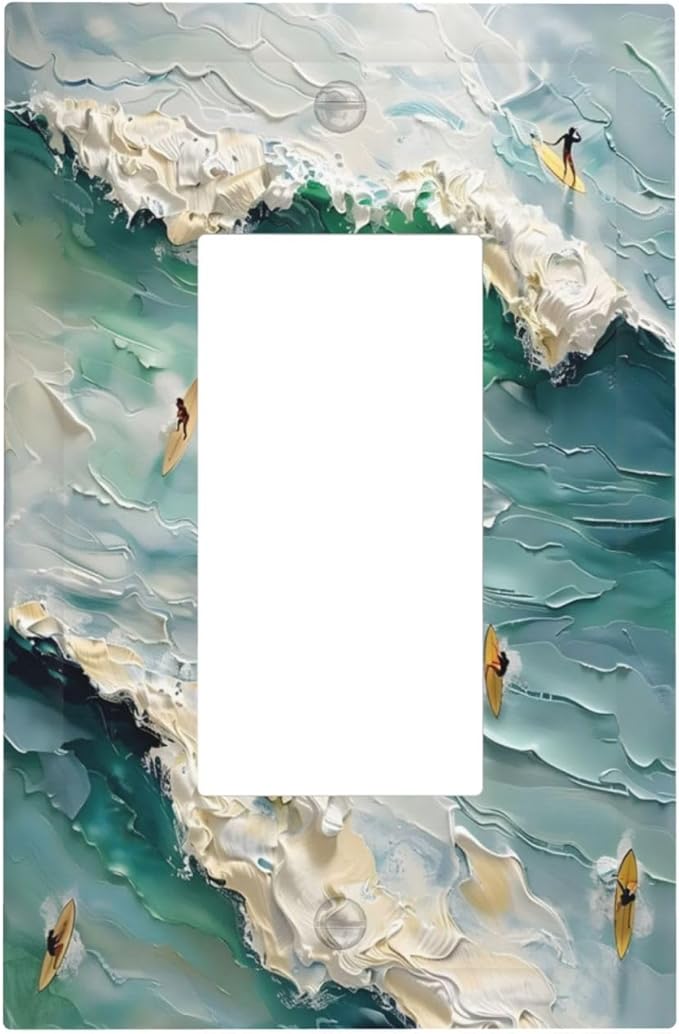 Beach Waves Ocean Surfing Hoverboard Painting Print Decorative Outlet Covers 1 Gang Single Rocker Light Switch Cover Plate Wall Plates GFCI Faceplate for Bedroom Living Room Decor