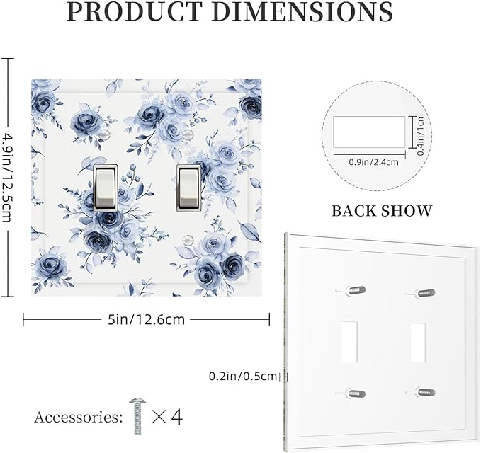 Watercolor Blue Roses Double Toggle Switch Cover - 2-Gang Standard US Size Serene Floral Light Switch Covers, French Country Vintage Bouquet for Farmhouse Homes