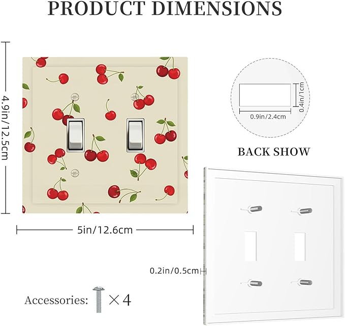 Sweet Cherry Blossom Double Toggle Switch Cover - 2-Gang Standard US Size Playful Cherry Duo Light Switch Covers, Retro Cherry Print for Girls Room Decor