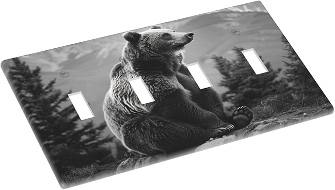 Light Switch Cover Plate Black White Bear Mountain Pine Trees Wilderness 4 Gang Quad Toggle Decorative Switch Plates Electrical Wall Plates Faceplate for Bathroom Bedroom Decor