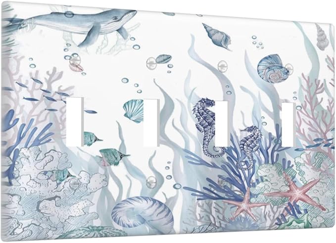 Ocean Themed Coral Seahorse Seashell Starfish Beach Light Switch Covers Quad Toggle Electrical Faceplate 4 Gang Wall Plate Decorative Switch Plates for Bathroom Home Decor