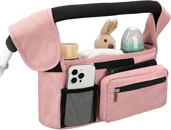 Stroller Organizer with Insulated Cup Holders - Universal Pink Baby Stroller Bag Caddy with Detachable Phone Pocket, Diaper Storage, Adjustable Straps for Uppababy, Doona, Baby Jogger, Britax