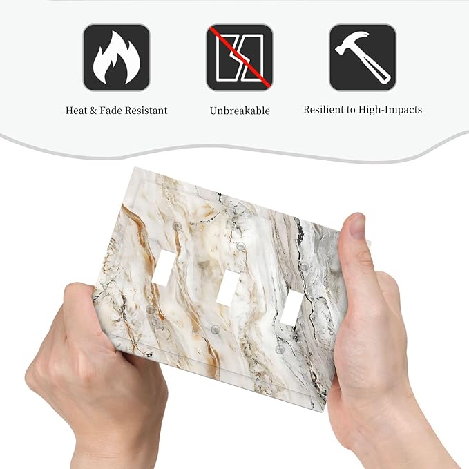 Matte Beige Gold Marble Granite Abstract Print Decorative Switch Plates 3 Gang Wall Plate Triple Toggle Light Switch Cover Faceplate Electrical Wall Panels for Bathroom Kitchen Decor