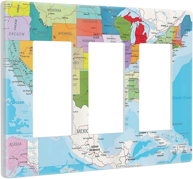 USA Map 3 Gang Triple Rocker/Decor Light Switch Wall Plate Cover Decorative Electrical Faceplate for Kids Living Room Bedroom Decor Screwless 6.57" x 4.65