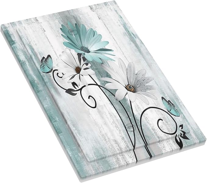 Teal Daisy Vintage Flower Butterfly Rustic Wood Print Light Switch Cover Plate 1 Gang No Device Blank Electrical Wall Plates Faceplate Decorative Switch Plate for Farmhouse Home Decor
