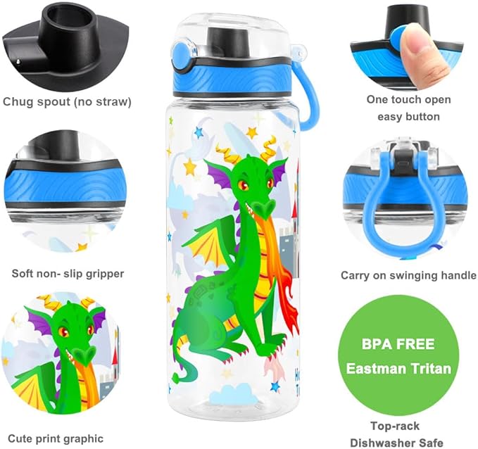 Home Tune Cute Water Bottle for School Kids Girls, BPA FREE Tritan & Leak Proof & Easy Clean & Carry Handle, 23oz/ 680ml (Fire Dragon)