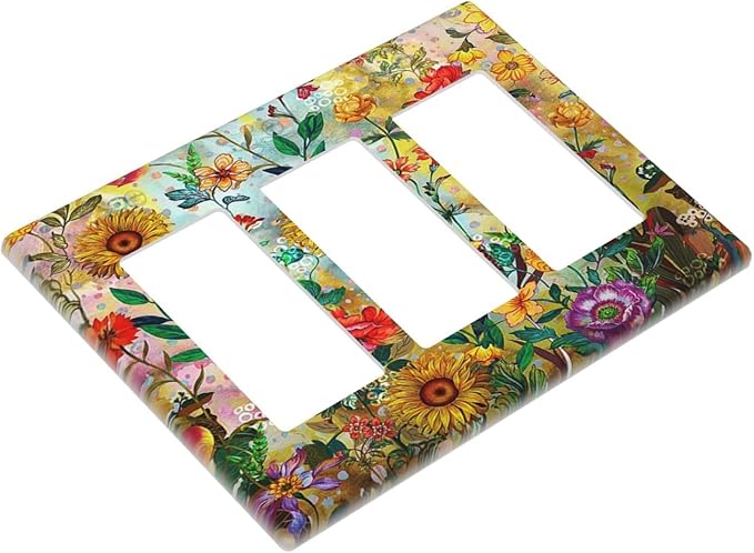 Fall Colorful Sunflower Floral 3 Gang Wall Plate Triple Rocker Light Switch Cover Decorative Switch Plates Outlet Covers Electrical GFCI Faceplate for Bedroom Bathroom Kitchen Art Decor Accessories