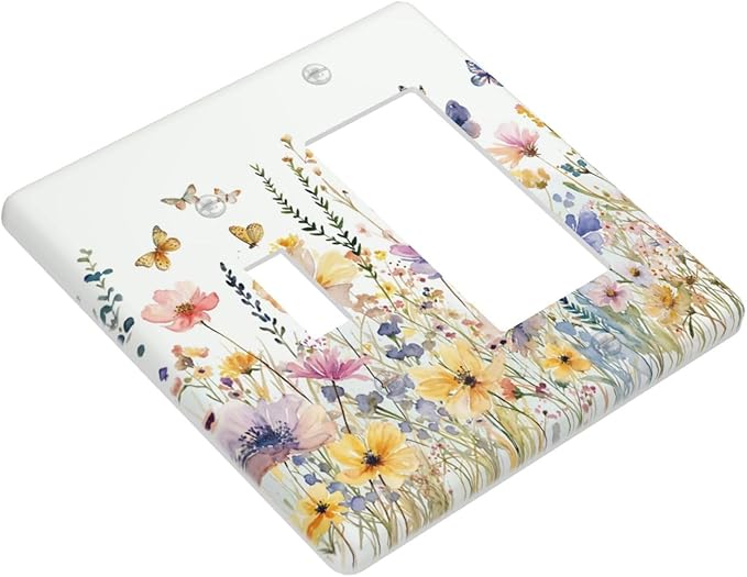 Wildflowers Colorful Flower Butterfly Floral Outlet Covers 1 Toggle 1 Rocker Combination Decorative Wall Plate Electrical Switch Plates Light Switch Cover Plate for Farmhouse Bedroom Decor
