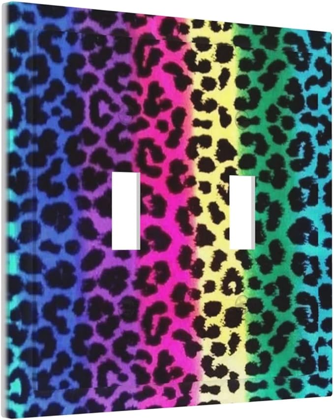 Funky Colorful Leopard Double Toggle Light Switch Cover Decorative 2 Gang Wall Plate Electrical Switchplate Faceplate Original Animal Print Safari Bathroom Kitchen Living Room Home Decor 5" x 4.9