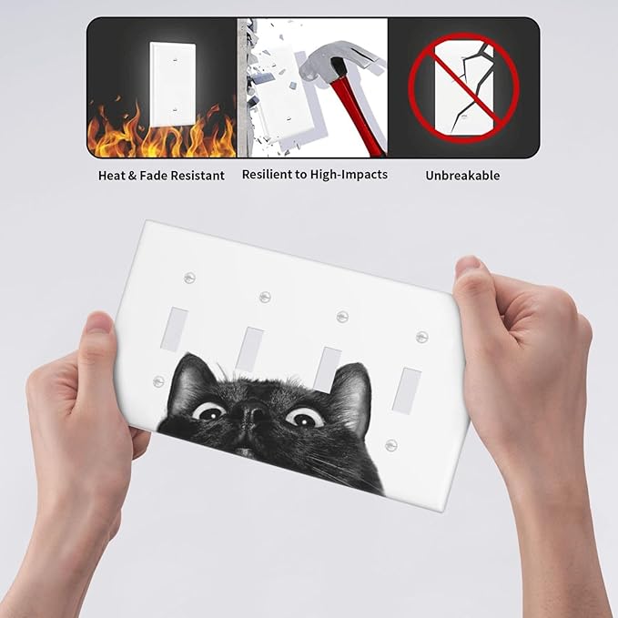 Peeping Black Cat Cute Animals Light Switch Covers Quad Toggle Electrical Faceplate 4 Gang Wall Plate Decorative Switch Plates for Kids Room Home Decor