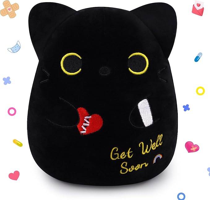 Get Well Gifts Black Cat Plush, 8 inch Black Cat Stuffed Animals Get Well Soon Gift for Kids Women, Cute Cat Plush Pillow Soft Stuffed Cat Feel Better Gifts for After Surgery