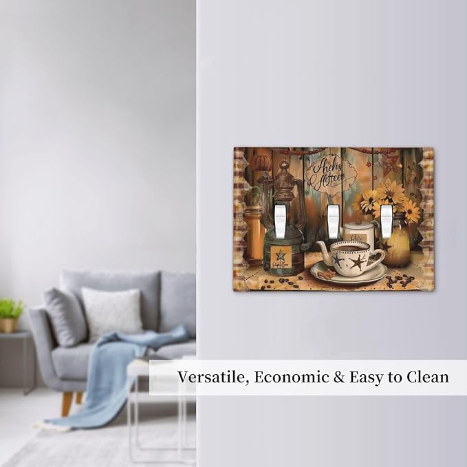 Decorative Switch Plate Covers Vintage Coffee Pot Star Farmhouse Wood Plank 3 Gang Wall Plate Light Switch Cover Plate Triple Toggle Jumbo Electrical Faceplate for Bedroom Kitchen Decor