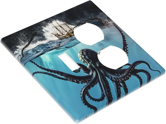 Decorative Outlet Covers Ocean Nautical Octopus Ship Funny Kraken 2 Gang Wall Plate Single Toggle Duplex Light Switch Cover Switch Plate Covers Faceplate for Bedroom Home Decor