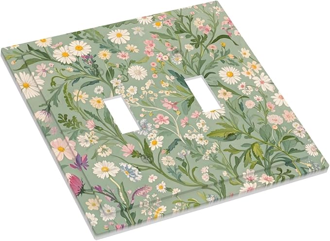 Decorative Switch Plate Cover with Vintage Wildflowers & Daisies on Light Green Background Design 2 Gang Wall Plate Unique Double Toggle Double Light Switch Covers