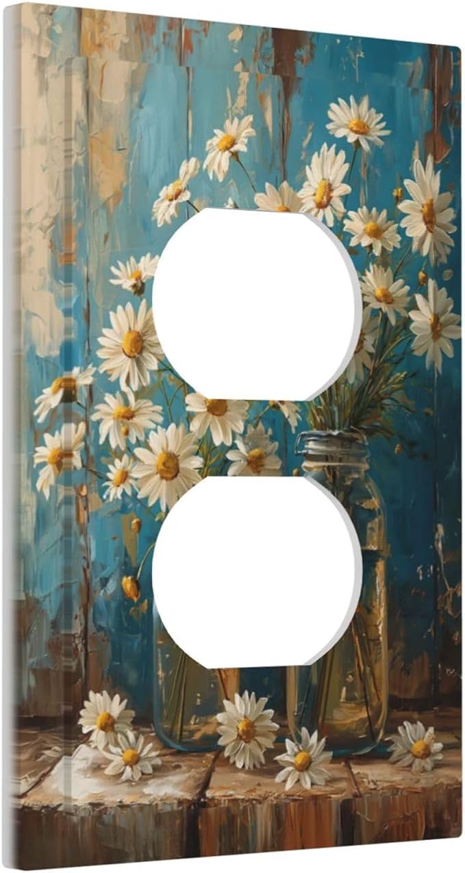 Delicate White Daisy Jars Retro Wood Background Outlet Covers 1 Gang Duplex Light Switch Cover Decorative Switch Plates Electrical Receptacle Faceplate Wall Plate for Farmhouse Home Decor