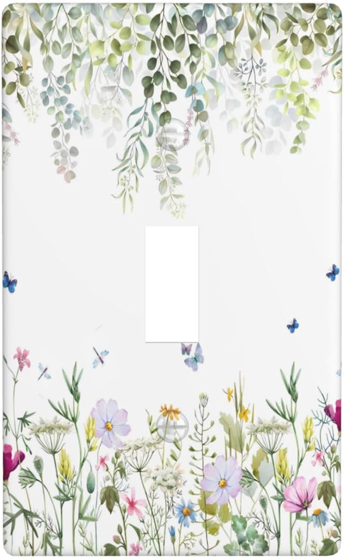 Green Floral Leaves Light Switch Cover Decorative Wild Flower 1 Gang Single Toggle Wall Plate Electrical Switchplate Faceplate for Bathroom Kitchen Bedroom