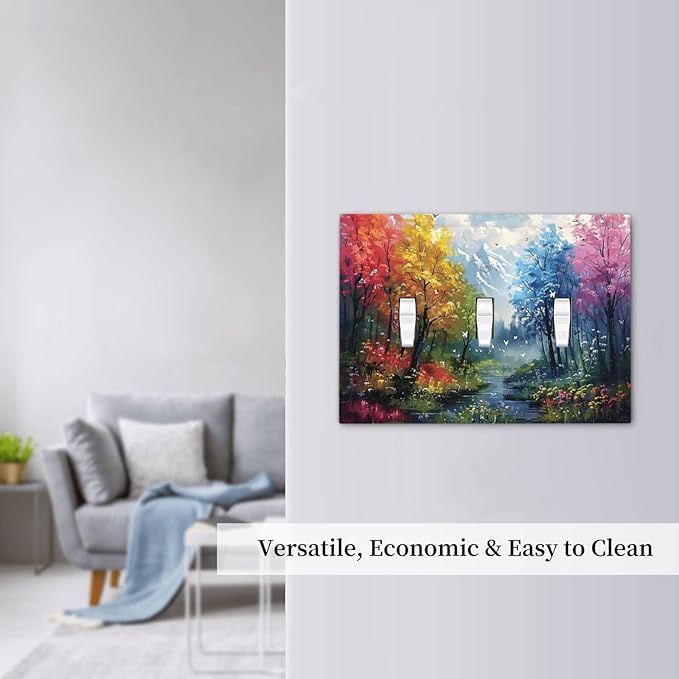 Colorful Forest Snow Mountain River Oil Painting Style Decorative Switch Plates 3 Gang Wall Plate Triple Toggle Light Switch Cover Faceplate Electrical Wall Panels for Bedroom Living Room Decor