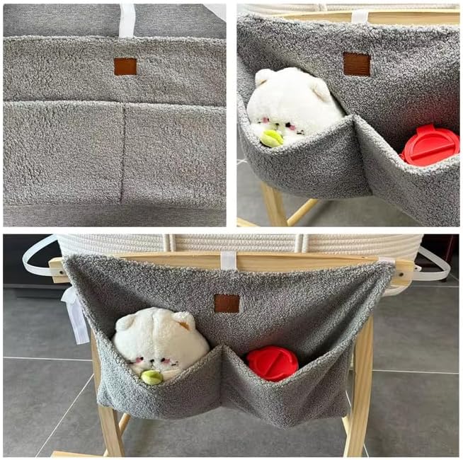 Adm&Eve Bedside Diaper Caddy - Teddy Material With 2 Compartments for Baby Carrier, Crib, Stroller & Changing Table, Hanging Storage Organizer (Grey)