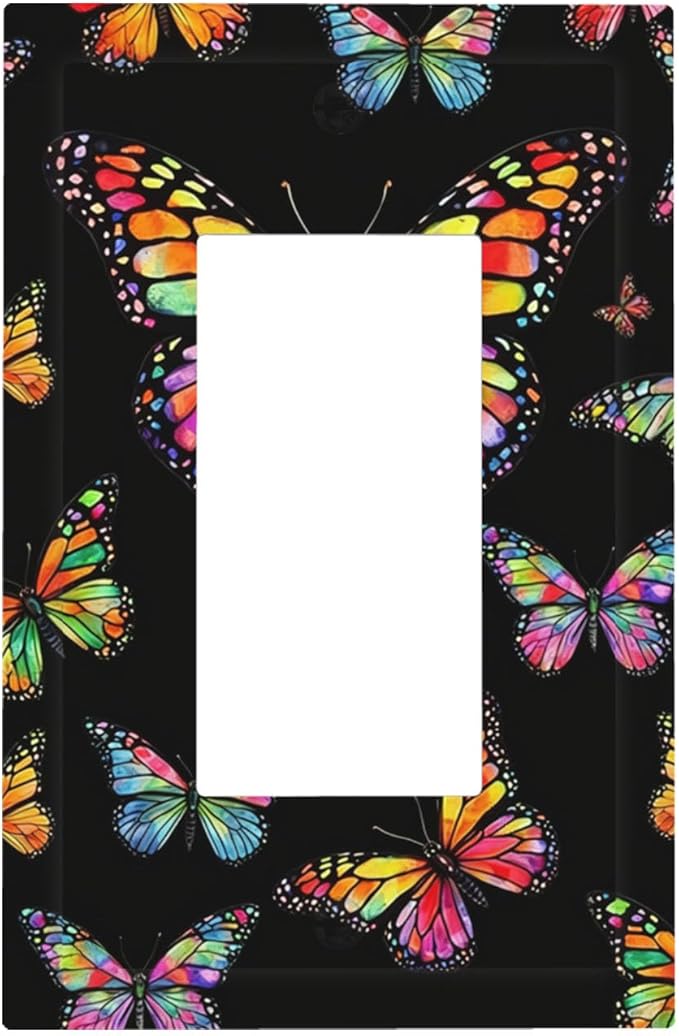 Vibrant Rainbow Butterflies on Black Single Rocker Switch Cover - 1-Gang Standard US Size Enchanted Garden Butterfly Light Switch Covers for Bedroom Decor
