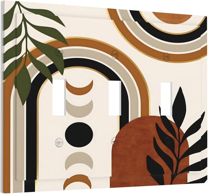 Boho Mid Century Arch Plant Leaves Sun Moon Decorative Switch Plates 3 Gang Wall Plate Triple Toggle Light Switch Cover Faceplate Electrical Wall Panels for Bedroom Living Room Decor