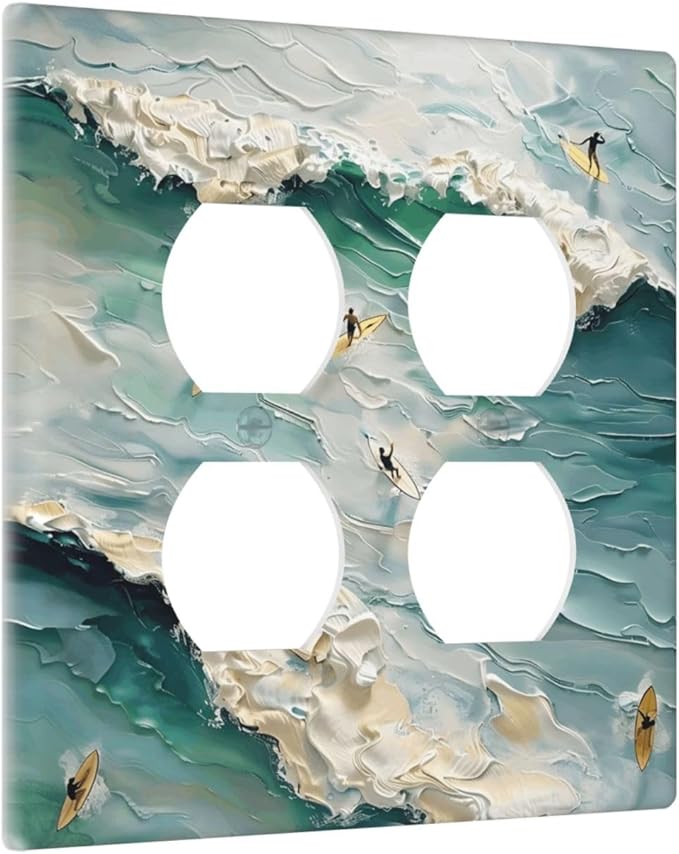 Beach Waves Ocean Surfing Hoverboard Painting Print Outlet Covers 2 Gang Double Duplex Decorative Light Switch Covers Electrical Wallplates Socket Faceplate for Bedroom Living Room Decor