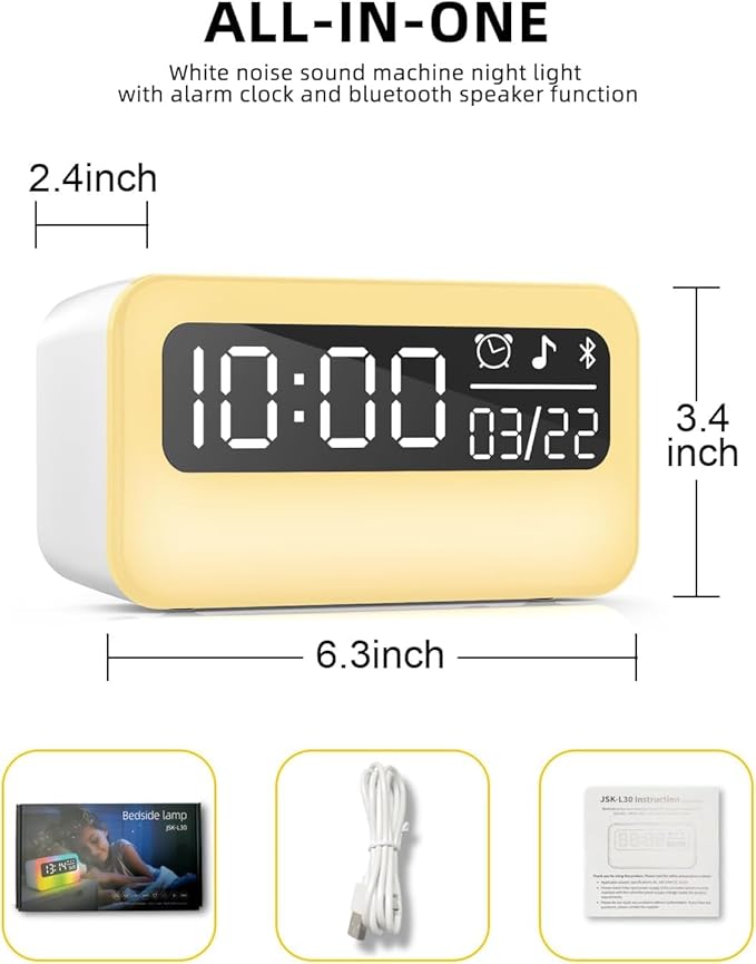 4-IN-1 White Noise Sound Machine with 24 Soothing Sounds, 4000mAh Rechargeable Camping light Bluetooth Speaker, Adjustable Night Light for Kids Adult with Time Display for Camping, Home, Party