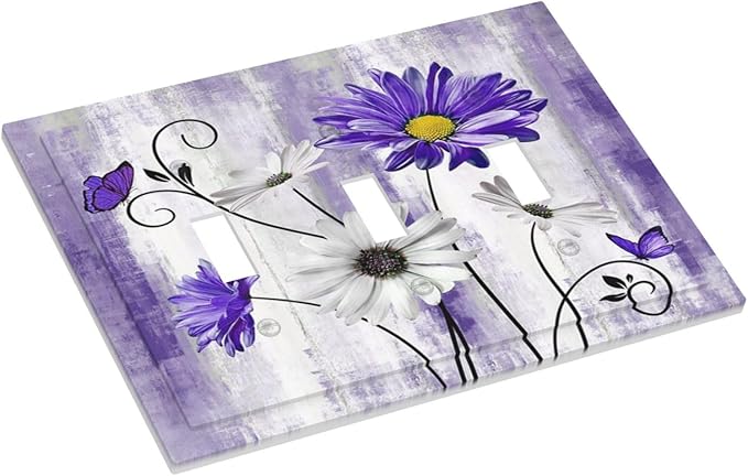 Decorative Light Switch Cover Plate Rustic Purple Daisy Butterfly Boho White Floral 3 Gang Wall Plate Switch Plate Covers Triple Toggle Jumbo Electrical Faceplate for Country Home Decor