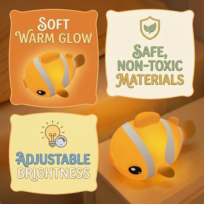 Cute Clownfish Night Light - Silicone Pat Pat Lamp with 3-Level Brightness Adjustment, Timer Function, Rechargeable Touch Control Nursery Nightlight for Baby Bedroom Decor