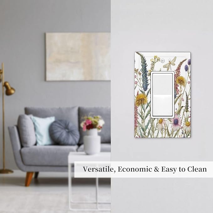 Light Switch Cover Plate Botanical Wildflowers Dragonfly Colorful Floral 1 Gang Outlet Covers Single Rocker Decorative Switch plates Electrical Wall Plates GFCI Receptacle for Bathroom Bedroom