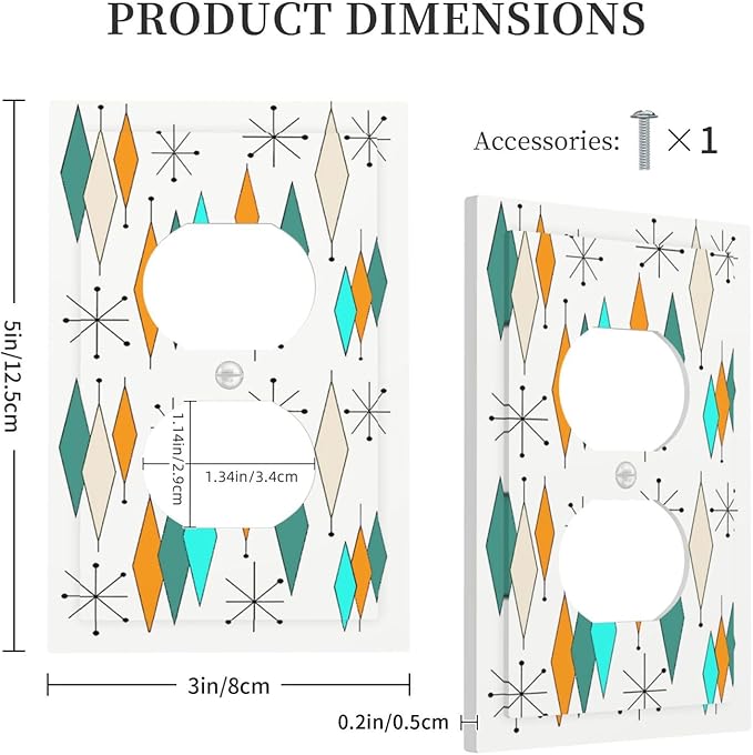 Modern Geometric Atomic Diamond Art 1-Gang Duplex Outlet Cover Decoraitve Receptacle Wall Plate Funny 50S 60S Blue/Orange/Teal/Green Mid Century Mid Century Electric Jumbo Light Switch Cover