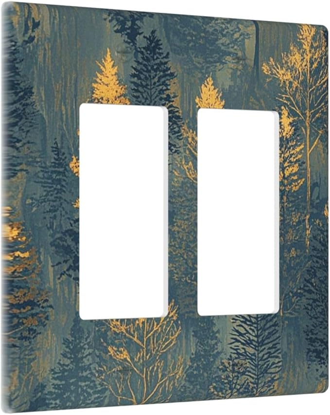 Decorative Outlet Covers with Golden Trees & Abstract Gradient Forest Landscape Design 2 Gang Wall Plate Double Rocker Light Switch Cover Switch Plate Cover for Blue Retro Home Decor
