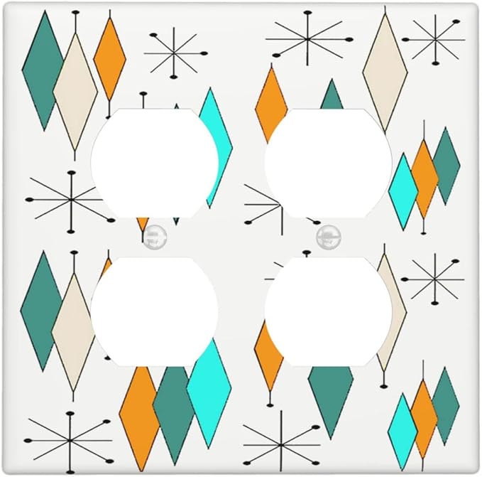 Mid Century Geometric Plaid 2-Gang Device Duplex Wall Plate, Aqua/Blue/Orange Modern Retro Abstract Atomic Art Decorative Two Gang Double Duplex Receptacle Socket Outlet and Light Switch Cover Plate